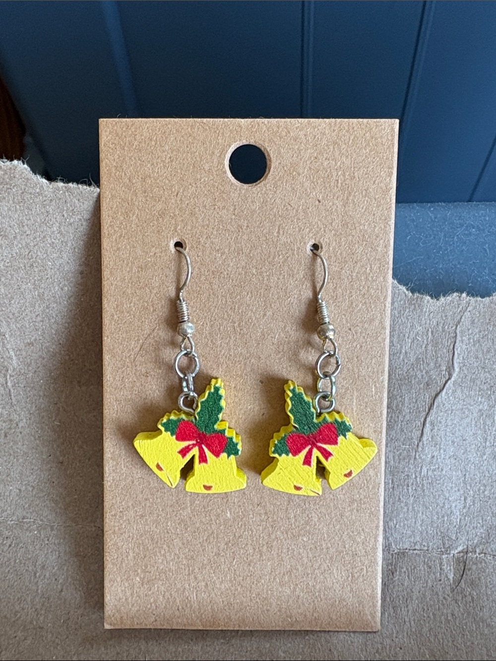 Yellow Wooden Bell Holiday Earrings with Holly and Red Bow
